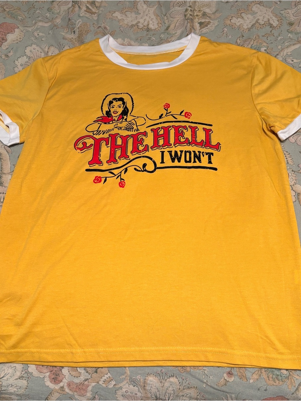 Yellow Ringer Tee with "The Hell I Won't" Graphic